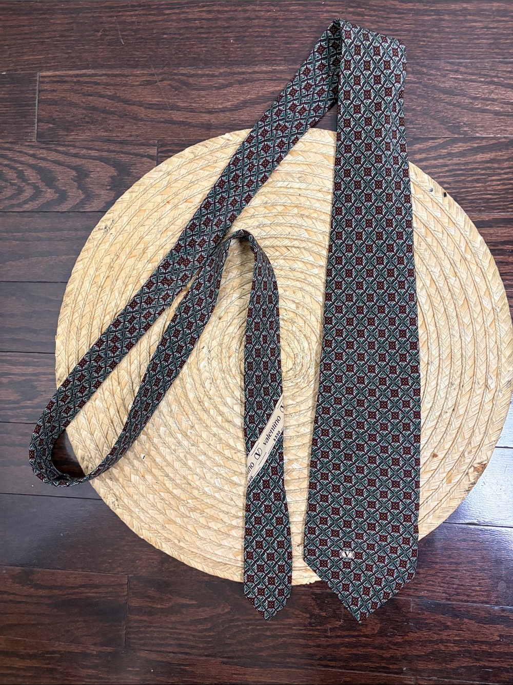 Vintage Valentino Burgundy and Teal Geometric Silk Tie